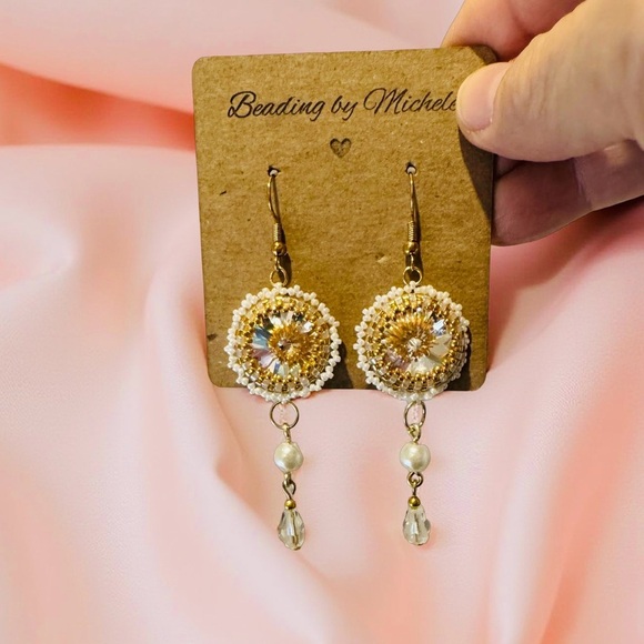 Hand Crafted Gold and White Swarovski Crystal Drop Earrings - Picture 3 of 3
